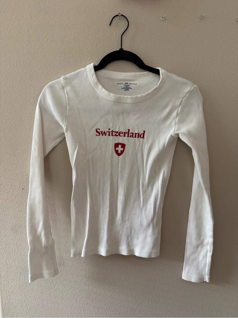 Brandy Melville White Long Sleeve Ribbed Top with Red Switzerland Graphic